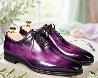 Hand-Dyed Purple Leather Oxford Dress Shoes, Men's Formal Wedding Footwear