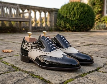 Black White Patent Leather Oxford Shoes, Handmade Wingtip Dress Shoes, Men’s Formal Wedding Shoes, Luxury Tuxedo Shoes, Custom Made