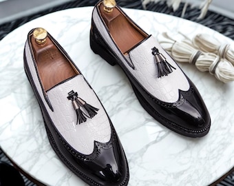 Handmade White Patent Leather Tassel Loafers - Men's Formal Shoes By ZeeStore313