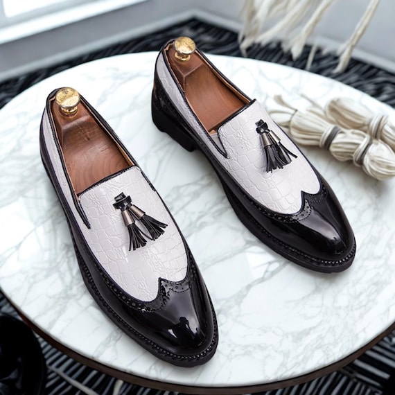 Handmade White Patent Leather Tassel Loafers - Men's Formal Shoes By ZeeStore313
