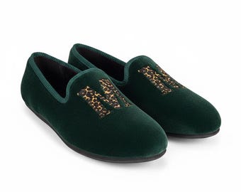 Personalized Green Velvet Loafers, Custom A-Z Leopard Embroidery, Men's Slip On Shoes