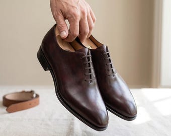Handmade Burgundy Leather Oxford Shoes: Wholecut Men's Dress Shoes