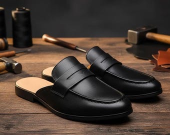 Handmade Men’s Leather Mule Loafers | Black Backless Slippers | Casual Slip On Dress Shoes