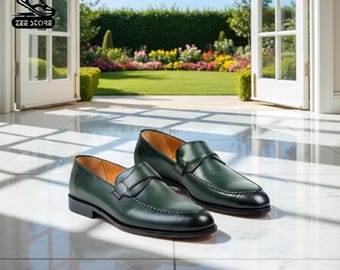 Handcrafted Dark Green Leather Penny Loafers for Men - Classic Italian Style Dress Shoes