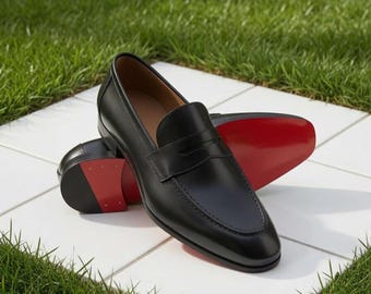 Black Leather Loafers, Red Sole Slip-On Dress Shoes, Wedding Business Formal Wear