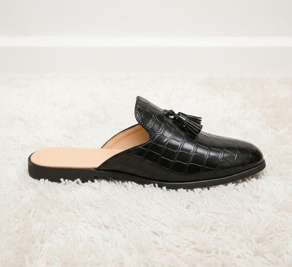 Black Croc Embossed Leather Mule Loafers, Men display picture 3