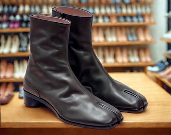 Handmade Black Leather Tabi Boots: Japanese Split-Toe Ankle Booties