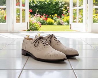 Men’s Cream Suede Brogue Oxford Shoes – Handmade Wingtip Formal Dress Shoes for Elegant Style