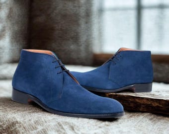 Handmade Blue Suede Chukka Boots: Men's Luxury Ankle Boots