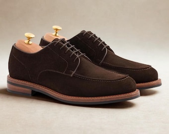 Handmade Brown Suede Derby Shoes: Goodyear Welt Apron Toe Dress Leather Shoes