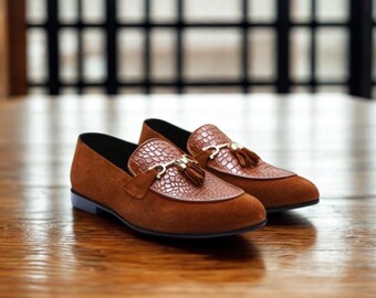 Handmade Brown Suede Loafers: Crocodile Textured Leather Dress Shoes