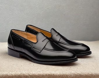 Handgjorda svarta läderloafers | Formella slip-on-skor för män | Klassiska pennyloafers
