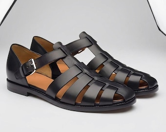 Men’s Black Sandals, Handmade Leather Closed Toe Sandals, Greek Roman Summer Shoes