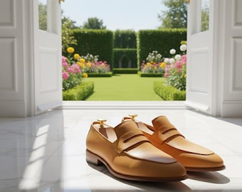 Handmade Tan Leather Penny Loafers: Classic Italian Style Men's Shoes