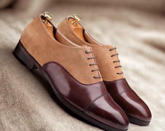 Men’s Handmade Two-Tone Oxford Shoes – Brown Leather & Tan Suede Cap Toe Dress Shoes ZEESTORE313