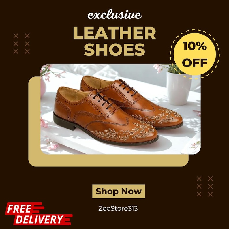 May include: Brown leather shoes with floral embroidery, displayed on a white surface. The image includes the text "exclusive LEATHER SHOES" and a "10% OFF" badge. The background is a dark brown color with decorative elements.