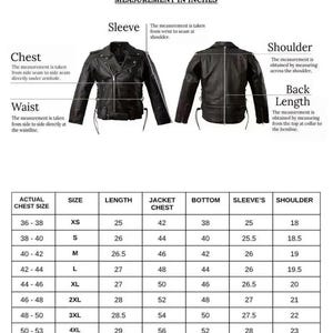 K&ouml;nnte beinhalten: Eine Gr&ouml;&szlig;entabelle f&uuml;r eine schwarze Lederjacke mit Vorder- und R&uuml;ckansicht des Kleidungsst&uuml;cks, beschriftet mit Ma&szlig;en f&uuml;r &Auml;rmel, Brust, Taille, Schulter und R&uuml;ckenl&auml;nge in Zoll, erg&auml;nzt durch eine Tabelle mit Gr&ouml;&szlig;en von XS bis 4XL.