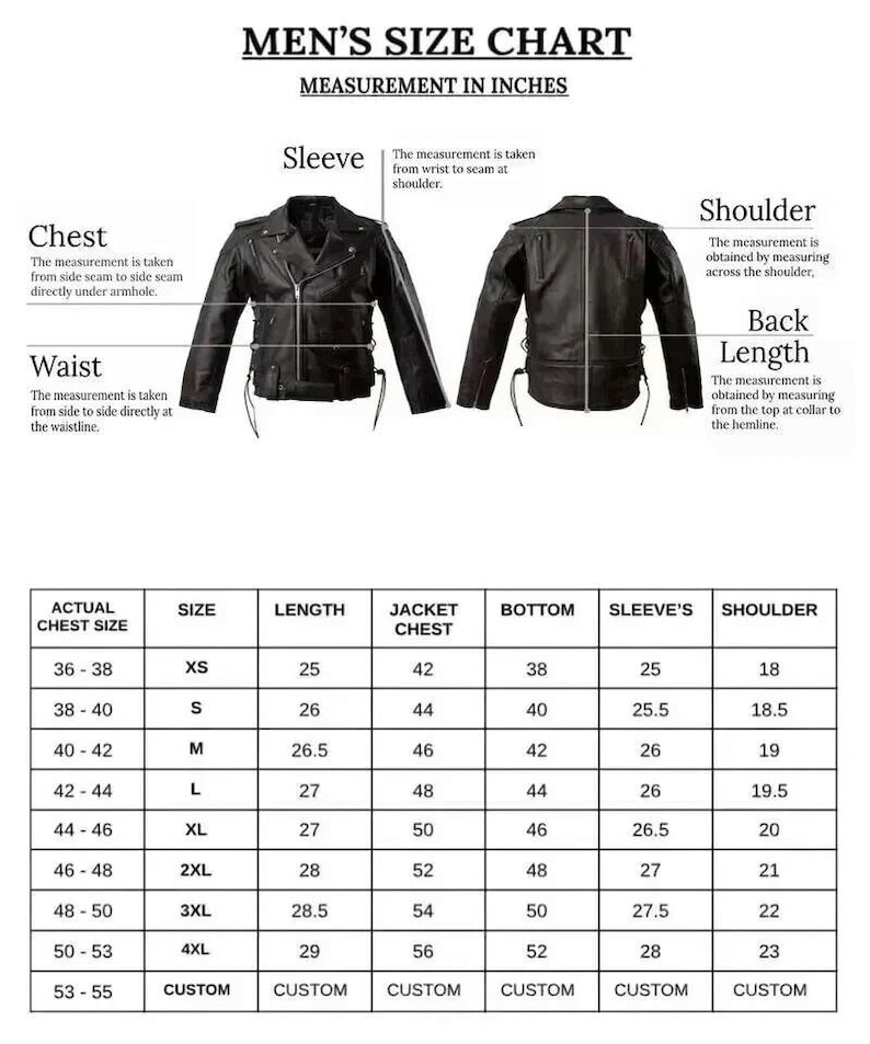 K&ouml;nnte beinhalten: Eine Gr&ouml;&szlig;entabelle f&uuml;r eine schwarze Lederjacke mit Vorder- und R&uuml;ckansicht des Kleidungsst&uuml;cks, beschriftet mit Ma&szlig;en f&uuml;r &Auml;rmel, Brust, Taille, Schulter und R&uuml;ckenl&auml;nge in Zoll, erg&auml;nzt durch eine Tabelle mit Gr&ouml;&szlig;en von XS bis 4XL.