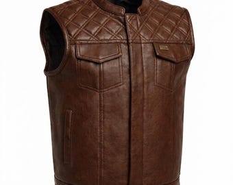 Gilet de motard matelassé en cuir marron pour hommes - Véritable gilet d'équitation avec col mao