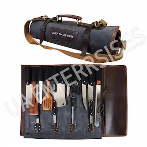 May include: A grey canvas and leather chef's knife roll with a shoulder strap and handle. The roll is closed in the top image and open in the bottom image, revealing various knives and utensils. The text "CHEF NAME HERE" is visible on the roll.