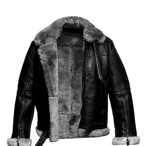 Blouson homme en cuir retourné noir | Blouson aviateur motard | Veste volante chaude en peau de mouton pour l'hiver