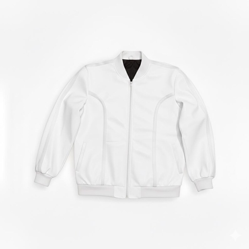 Peut inclure: Veste de style bomber blanche avec un col int&eacute;rieur noir. La veste est dot&eacute;e d'une fermeture &eacute;clair int&eacute;grale, de poches lat&eacute;rales et de poignets et d'ourlets c&ocirc;tel&eacute;s. Design minimaliste.