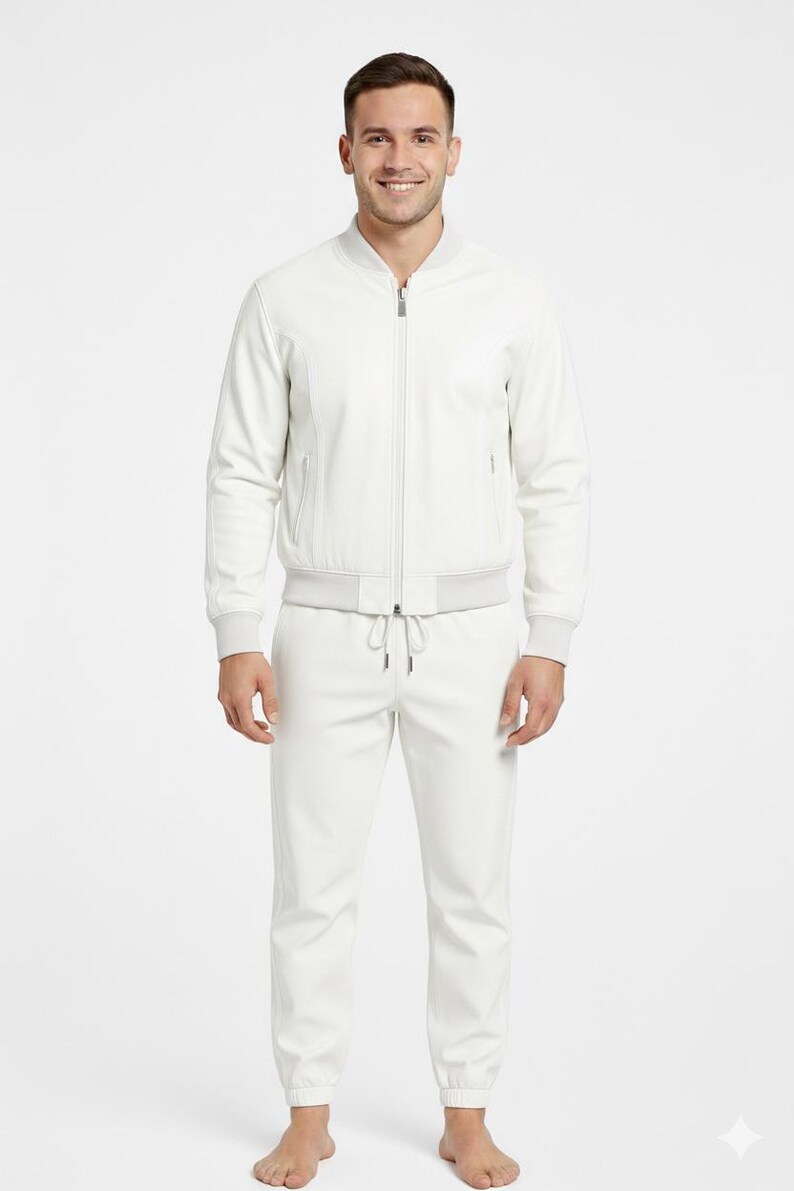 Peut inclure: Ensemble assorti blanc compos&eacute; d'un blouson aviateur et d'un pantalon de surv&ecirc;tement. Le blouson a une fermeture &eacute;clair sur le devant et des poignets et un ourlet c&ocirc;tel&eacute;s. Le pantalon de surv&ecirc;tement a une taille &agrave; cordon et des poignets &eacute;lastiques.