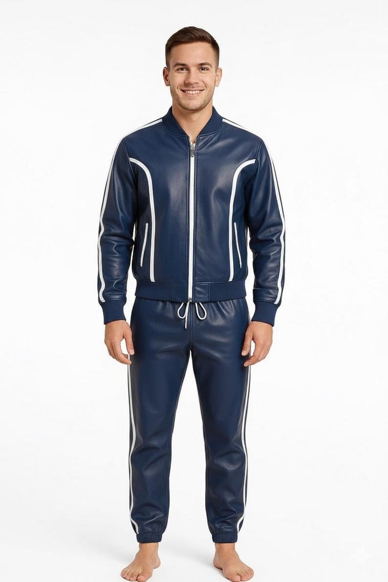 Peut inclure: Un surv&ecirc;tement en cuir bleu marine compos&eacute; d'une veste bomber zipp&eacute;e et d'un pantalon assorti. La veste et le pantalon ont des rayures blanches sur les c&ocirc;t&eacute;s. Un ensemble sportif et &eacute;l&eacute;gant.