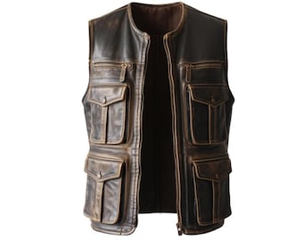 Débardeur utilitaire en cuir marron effet vieilli pour homme | vintage biker gilet multi-poches chasse