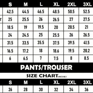 Peut inclure: Tableau des tailles noir et blanc pour pantalons, avec des mesures en pouces. Le tableau comprend les mesures de la poitrine, du dos, des &eacute;paules, des manches, des hanches, des biceps, des poignets et de la taille, de S &agrave; 5XL.