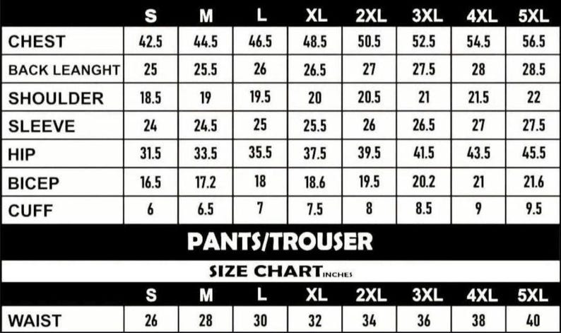 Peut inclure: Tableau des tailles noir et blanc pour pantalons, avec des mesures en pouces. Le tableau comprend les mesures de la poitrine, du dos, des &eacute;paules, des manches, des hanches, des biceps, des poignets et de la taille, de S &agrave; 5XL.