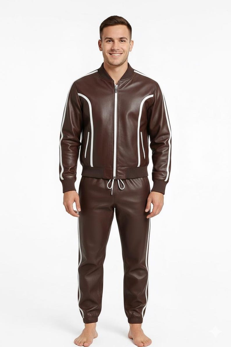 Peut inclure: Un surv&ecirc;tement en cuir marron avec des rayures blanches. La veste a une fermeture &eacute;clair et des bordures blanches. Le pantalon a une taille &agrave; cordon et des rayures blanches sur les c&ocirc;t&eacute;s. L'ensemble est port&eacute; par une personne.