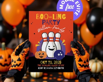 May include: A Halloween-themed invitation card with the text "BOO-LING PARTY" and bowling pins, a pumpkin, and a bowling ball. The card is held by hands wearing orange and black gloves. Balloons and pumpkins are in the background.