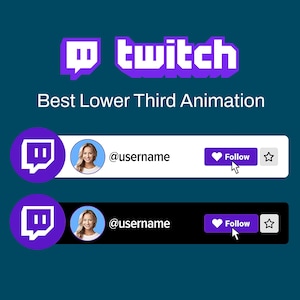 Puede incluir: Gráfico promocional para animaciones de tercio inferior de Twitch. El diseño presenta el logotipo de Twitch en morado y blanco, junto con ejemplos de tercios inferiores que muestran una foto de perfil, un nombre de usuario y un botón de seguir. El fondo es de color verde azulado oscuro.