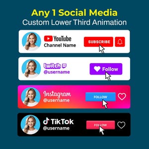 Könnte beinhalten: Grafik mit benutzerdefinierten unteren Drittel-Animationen für Social-Media-Plattformen. Das Design umfasst Layouts für YouTube, Twitch, Instagram und TikTok, jeweils mit Profilbild, Benutzernamen und Call-to-Action-Schaltflächen wie "Abonnieren" und "Folgen".