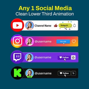 Può includere: Grafica che mostra quattro animazioni del terzo inferiore per i social media. L'animazione superiore presenta un'icona di YouTube, il testo "Channel Name" e un pulsante di iscrizione. Le altre animazioni mostrano Instagram, Twitch e un'icona nera e verde con il testo "@username" e un pulsante Segui.