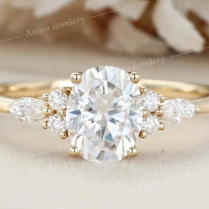 Vintage Oval Diamond Engagement Ring, Cluster Dainty Promise Ring for Women, Cluster Accent Oval Moissanite Ring, Wedding Ring