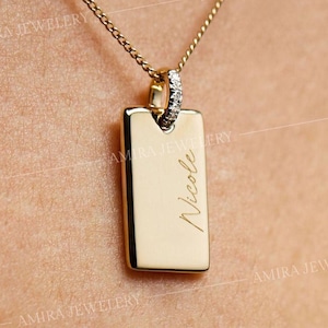 Collana con ciondolo rettangolare incisibile, collana con ciondolo in oro personalizzato, collana personalizzata in oro 14k per donna, ciondolo rettangolare personalizzato