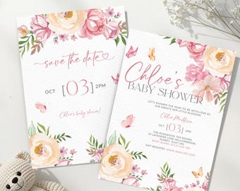 May include: Two baby shower invitations with floral and butterfly designs. The invitations feature text that reads "save the date" and "Chloe's Baby Shower". The invitations are decorated with pink and peach flowers and green leaves.