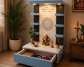 Modern Wooden Mandir with LED Lights, Wall Mounted Pooja Unit, Minimalist Hindu Decor