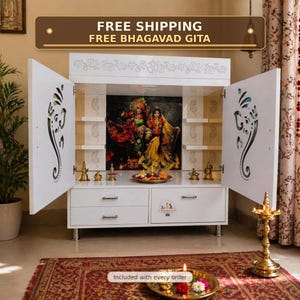 Handcrafted Wooden Mandir with Carved Doors, LED Lighting, Traditional Puja Ghar Temple
