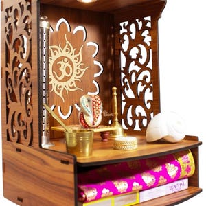 Customized Wooden Pooja Temple White Brown LED Light for Home and Office|Home Temple|Puja Mandir|Wall Hanging & Table Top Home Mandir /