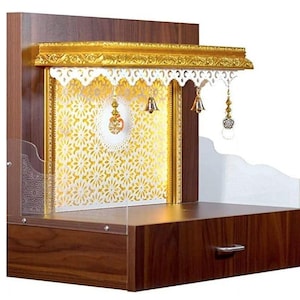 Customized Wooden Pooja Temple White Brown LED Light for Home and Office|Home Temple|Puja Mandir|Wall Hanging & Table Top Home Mandir /