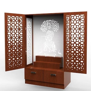 Wooden Mandir with Doors | White/Brown Temple For Home & Office With LED lights / Customized Puja Mandir for Prayer Room | Cabinet Mandir