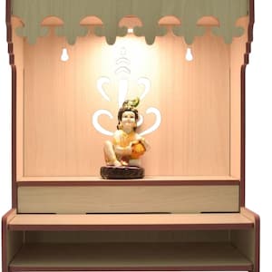 Customized Wooden Pooja Temple White Brown LED Light for Home and Office|Home Temple|Puja Mandir|Wall Hanging & Table Top Home Mandir /