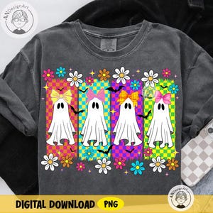 Graziosi fantasmi con fiocco al neon in formato PNG / Sublimazione retrò spettrale di Halloween / Download digitale di fantasmi femminili / Design per maglietta floreale Boo