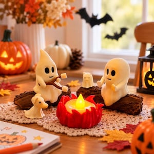 May include: Two white ghost figurines sit on brown logs, one holding a stick with marshmallows over a red flame-shaped candle. A small ghost and a small dog-like figure sit nearby. The scene includes a jack-o'-lantern and autumn leaves.