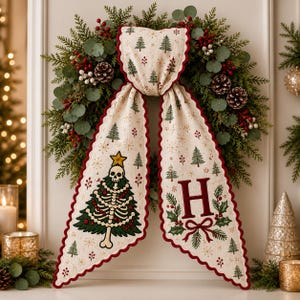 Skeleton Christmas Tree Sash, Gothic Christmas Wreath Bow, Embroidered Style Holiday Sash With Monogram, Spooky Christmas Decor
