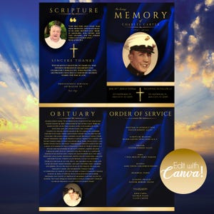May include: A memorial service program with a navy blue and gold design. The program includes photos, text, and the Canva logo. The text includes the name Charles Carter, dates 1947-2025, and details about the service.