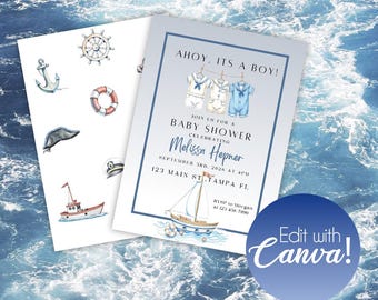 May include: Baby shower invitation with a nautical theme. The invitation features the text "Ahoy, It's a Boy!" and includes illustrations of sailboats, anchors, and baby clothes. The invitation is set against a blue and white ocean background.